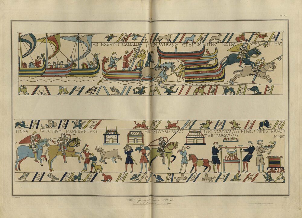 Plate from Charles Stothard's nineteenth-century engraving of the Bayeux Tapestry, depicting Norman knights